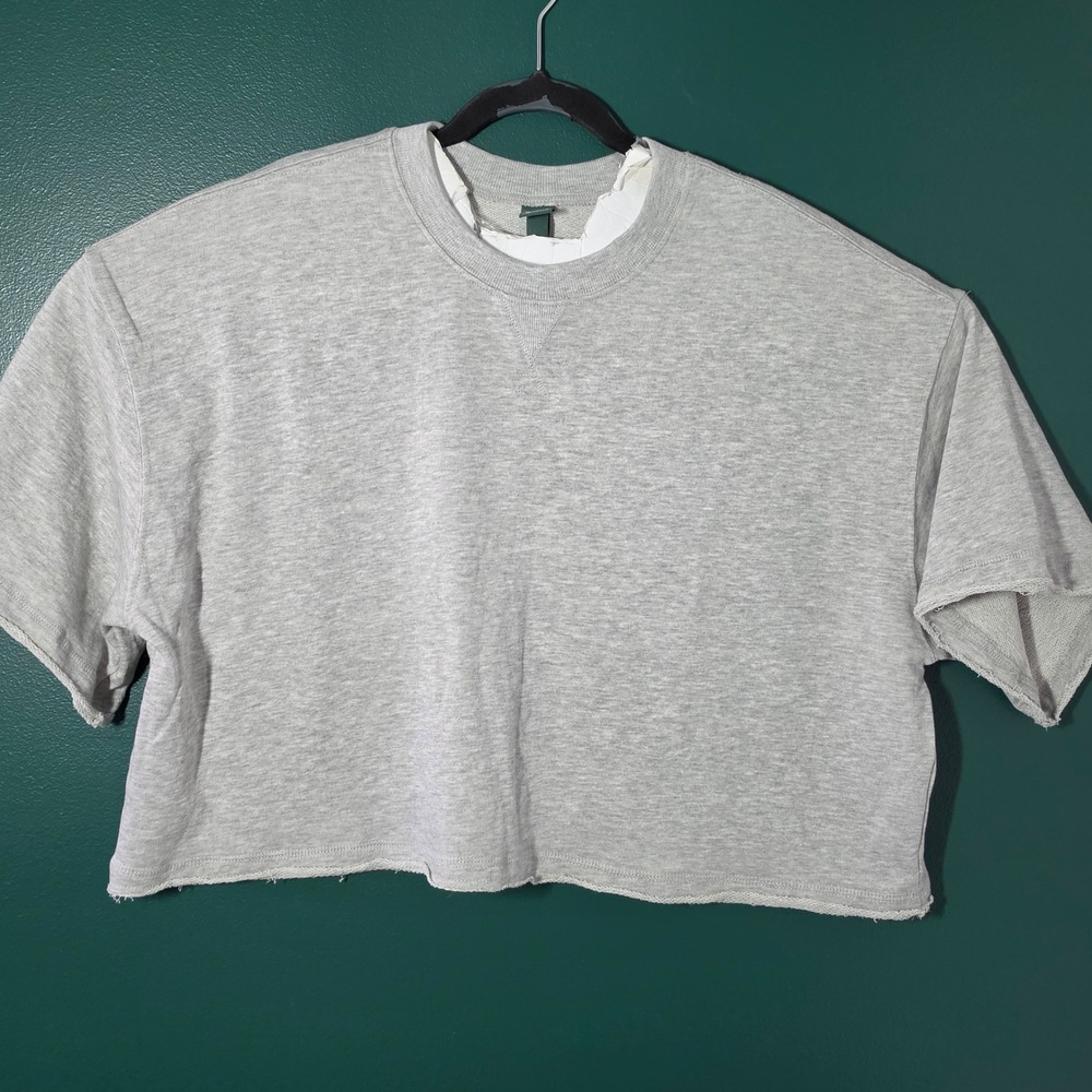 Wild Fable Heathered Grey Cropped Short Sleeve Sweatshirt XXL Raw Hem Crewneck - Picture 1 of 7